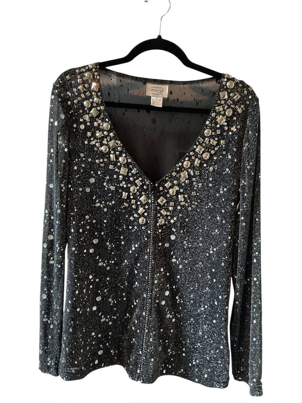 Just Be Glam Glitter Rhinestone zip front party top size m